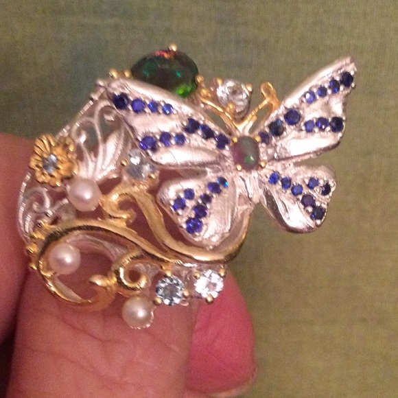 Breathtaking Genuine Sapphire, Black Opals Ring - Picture 9 of 14